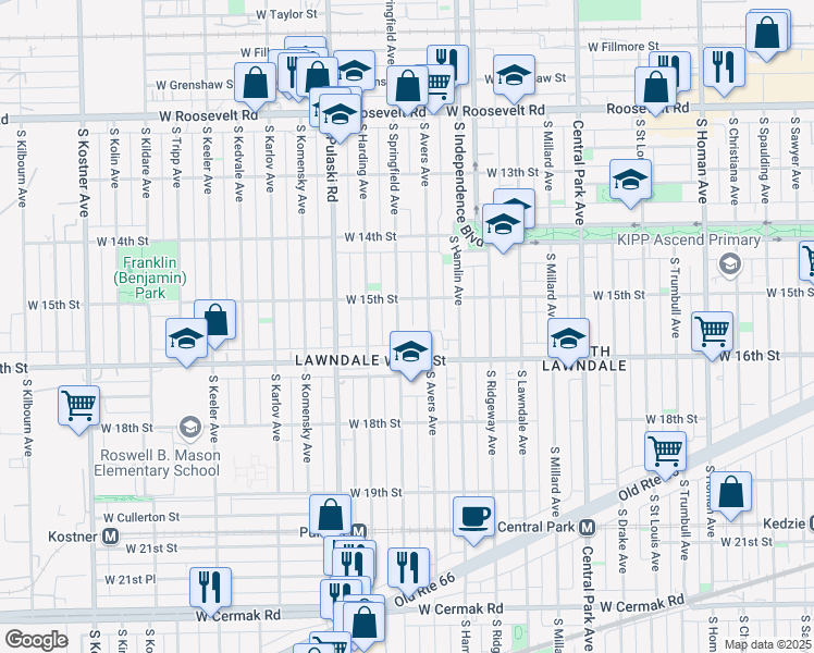 map of restaurants, bars, coffee shops, grocery stores, and more near 1502 South Avers Avenue in Chicago