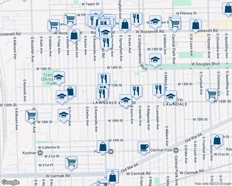 map of restaurants, bars, coffee shops, grocery stores, and more near 1500 South Springfield Avenue in Chicago