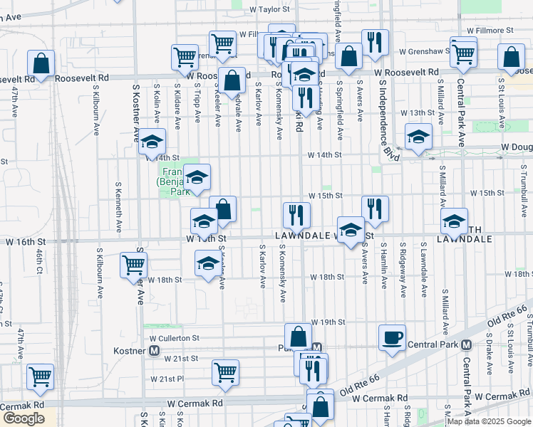 map of restaurants, bars, coffee shops, grocery stores, and more near 1502 South Karlov Avenue in Chicago