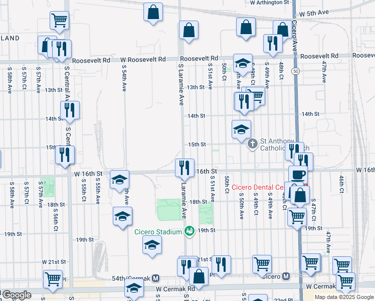 map of restaurants, bars, coffee shops, grocery stores, and more near in Cicero