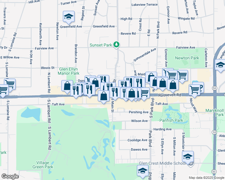 map of restaurants, bars, coffee shops, grocery stores, and more near 28 Dorset Court in Glen Ellyn