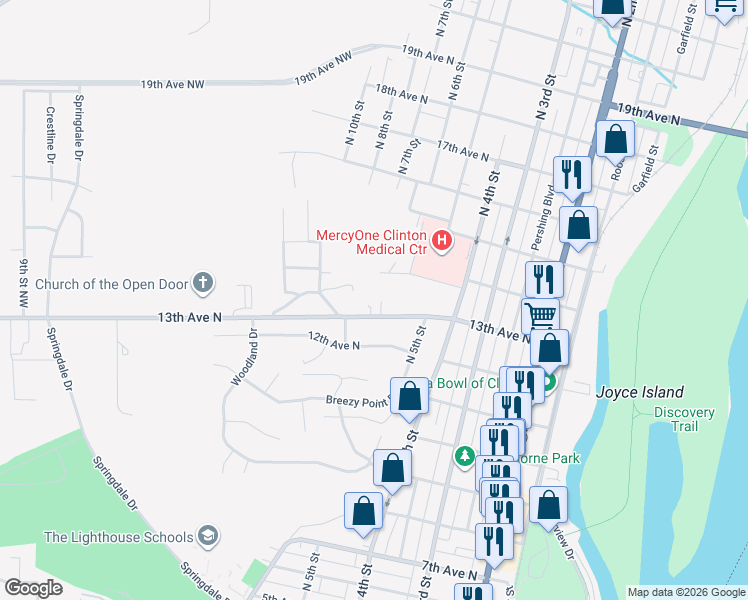map of restaurants, bars, coffee shops, grocery stores, and more near 600 14th Avenue North in Clinton