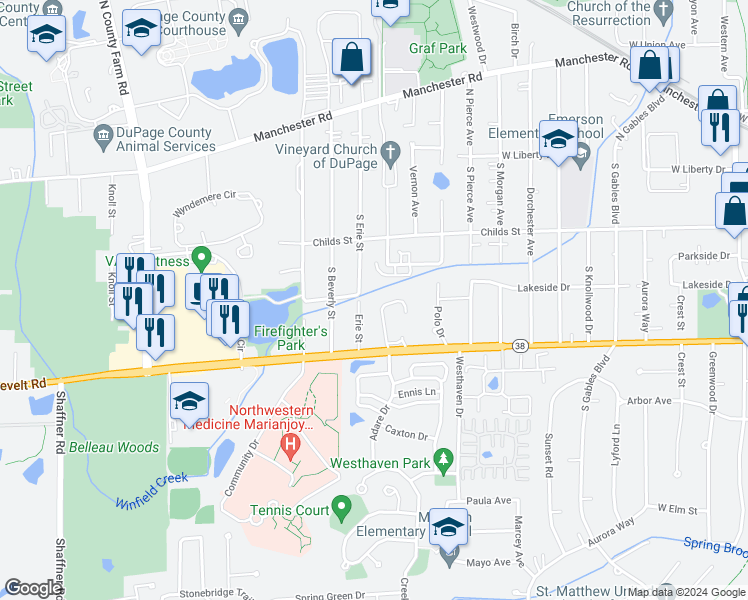 map of restaurants, bars, coffee shops, grocery stores, and more near 614 Saddle Road in Wheaton