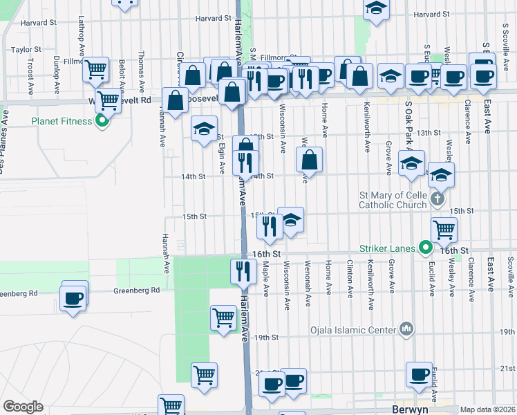 map of restaurants, bars, coffee shops, grocery stores, and more near 1427 Maple Avenue in Berwyn