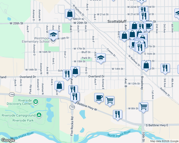 map of restaurants, bars, coffee shops, grocery stores, and more near 1405-1423 Ave G in Scottsbluff