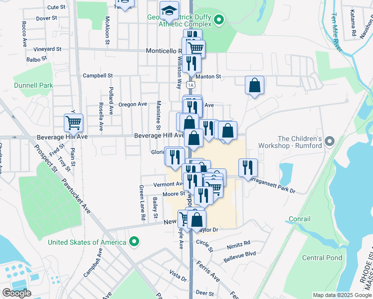 map of restaurants, bars, coffee shops, grocery stores, and more near 54 Newport Avenue in Pawtucket