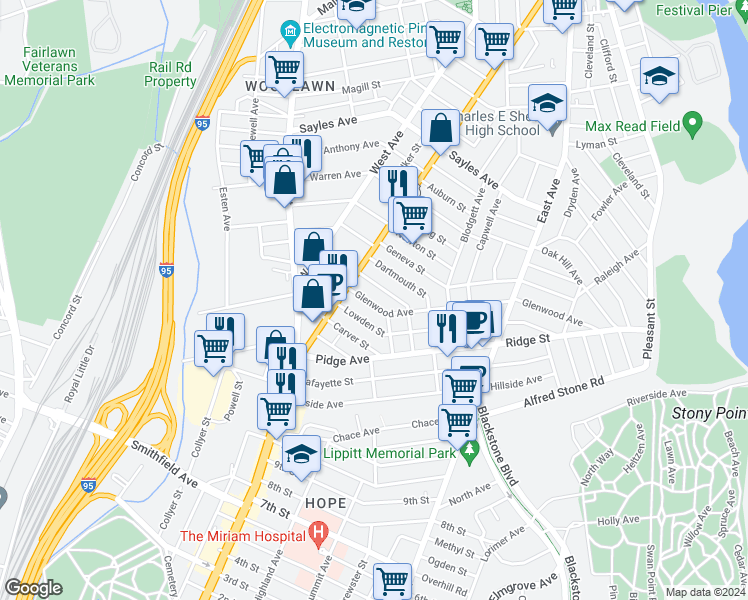 map of restaurants, bars, coffee shops, grocery stores, and more near 323 Glenwood Avenue in Pawtucket