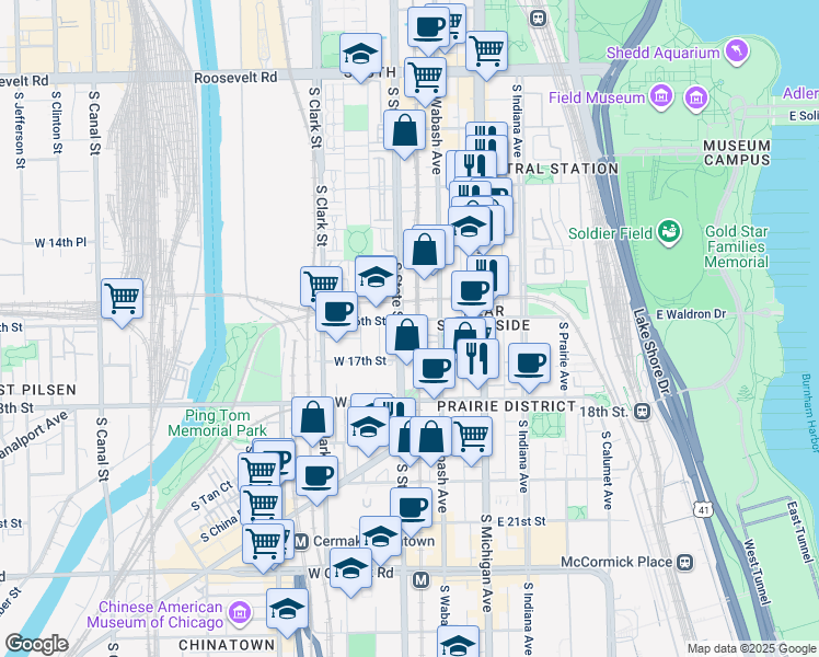 map of restaurants, bars, coffee shops, grocery stores, and more near 1601 South State Street in Chicago