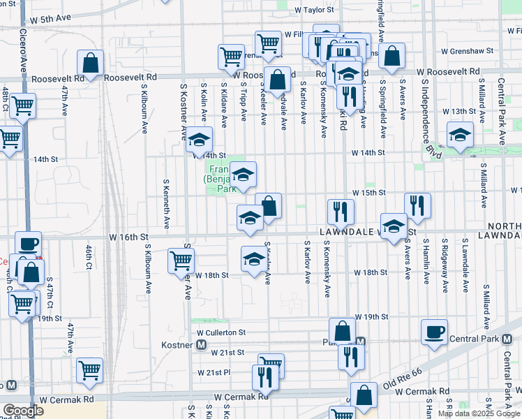 map of restaurants, bars, coffee shops, grocery stores, and more near 1524 South Keeler Avenue in Chicago