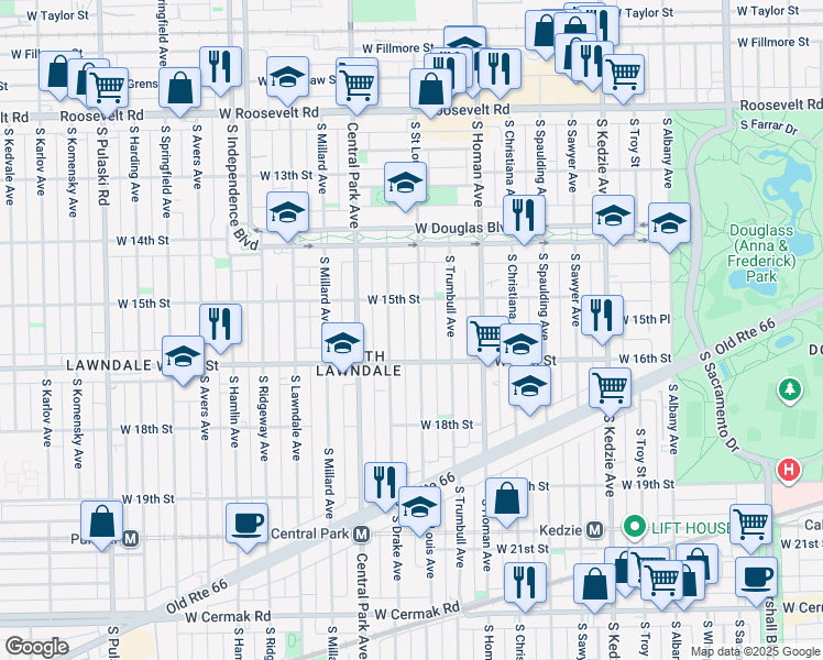 map of restaurants, bars, coffee shops, grocery stores, and more near 1509 South Saint Louis Avenue in Chicago