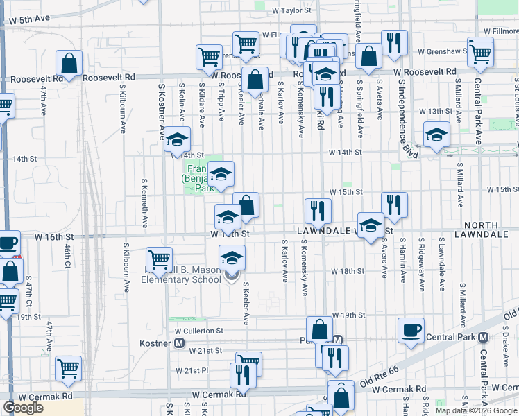 map of restaurants, bars, coffee shops, grocery stores, and more near 1504 South Kedvale Avenue in Chicago