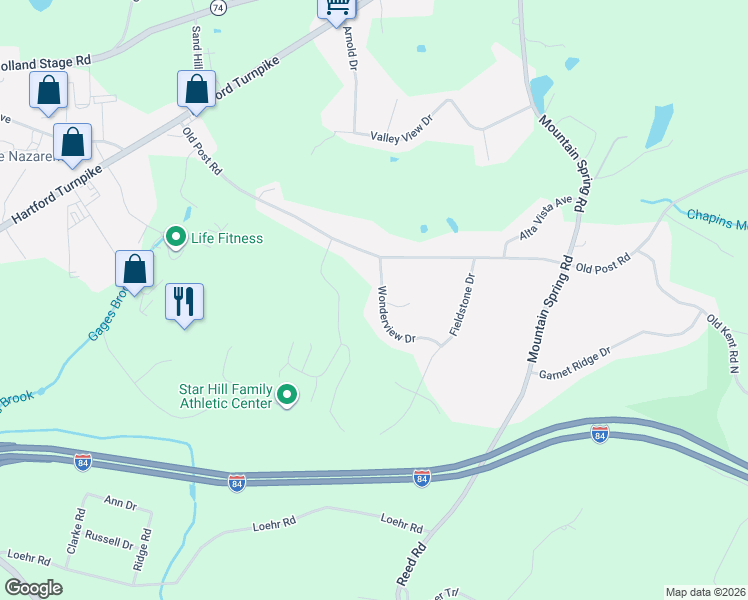 map of restaurants, bars, coffee shops, grocery stores, and more near 22 Wonderview Drive in Tolland