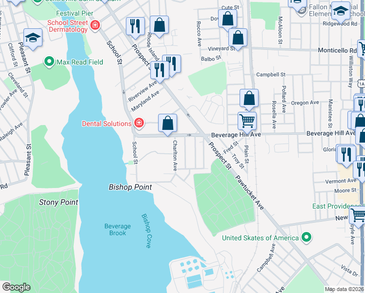 map of restaurants, bars, coffee shops, grocery stores, and more near 101 Beverage Hill Avenue in Pawtucket