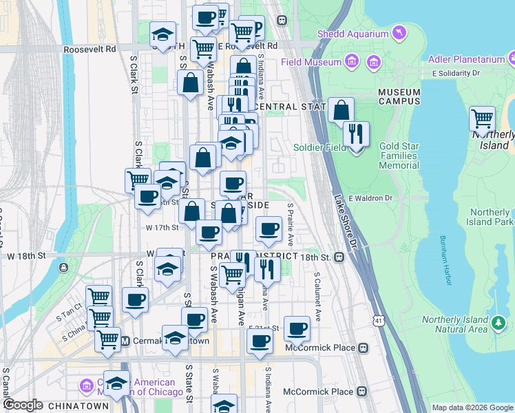 map of restaurants, bars, coffee shops, grocery stores, and more near in Chicago