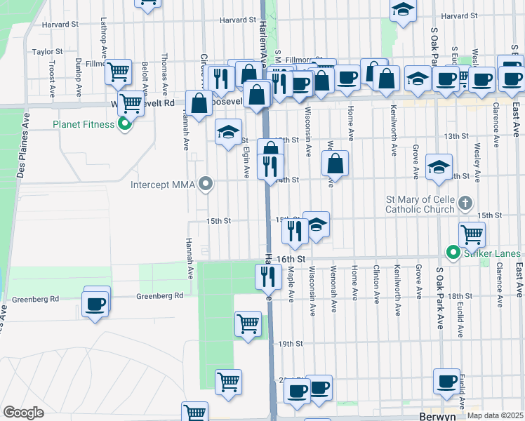 map of restaurants, bars, coffee shops, grocery stores, and more near 1419 Illinois 43 in Berwyn