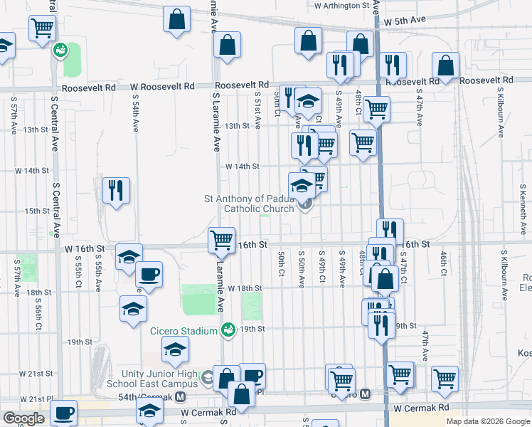 map of restaurants, bars, coffee shops, grocery stores, and more near 1445 South 51st Avenue in Chicago