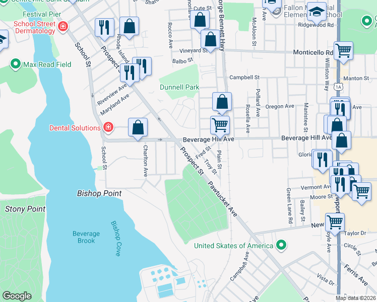 map of restaurants, bars, coffee shops, grocery stores, and more near 11 Dodge Street in Pawtucket