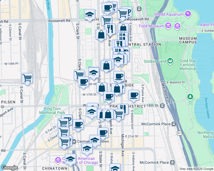 map of restaurants, bars, coffee shops, grocery stores, and more near 50 East 16th Street in Chicago
