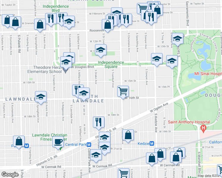 map of restaurants, bars, coffee shops, grocery stores, and more near 1509 South Saint Louis Avenue in Chicago