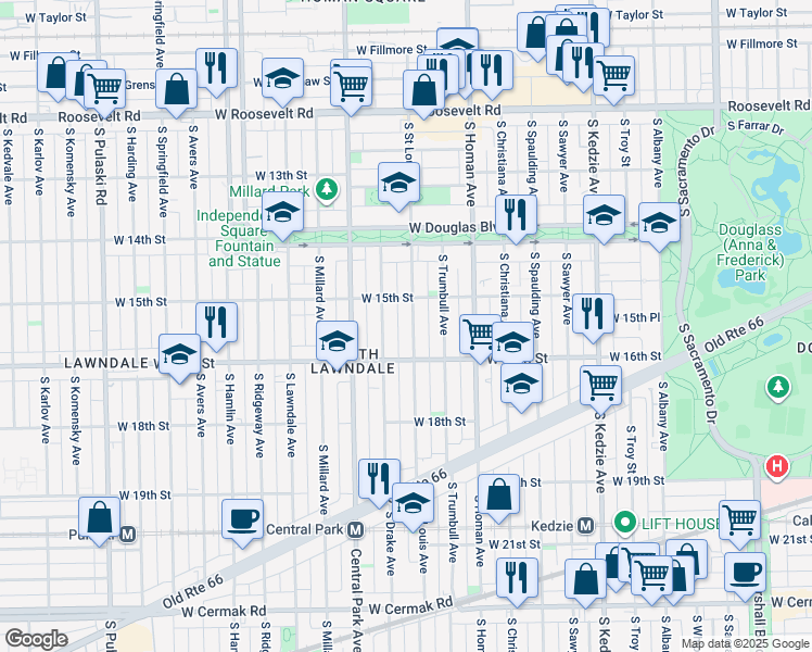 map of restaurants, bars, coffee shops, grocery stores, and more near 1509 South Saint Louis Avenue in Chicago