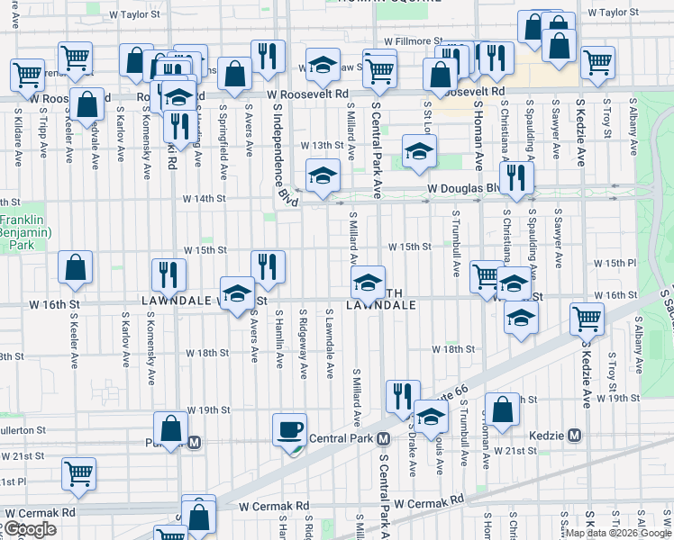 map of restaurants, bars, coffee shops, grocery stores, and more near 1508 South Millard Avenue in Chicago