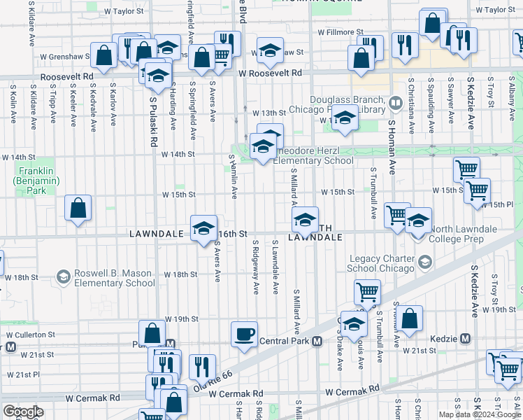 map of restaurants, bars, coffee shops, grocery stores, and more near 1509 South Ridgeway Avenue in Chicago