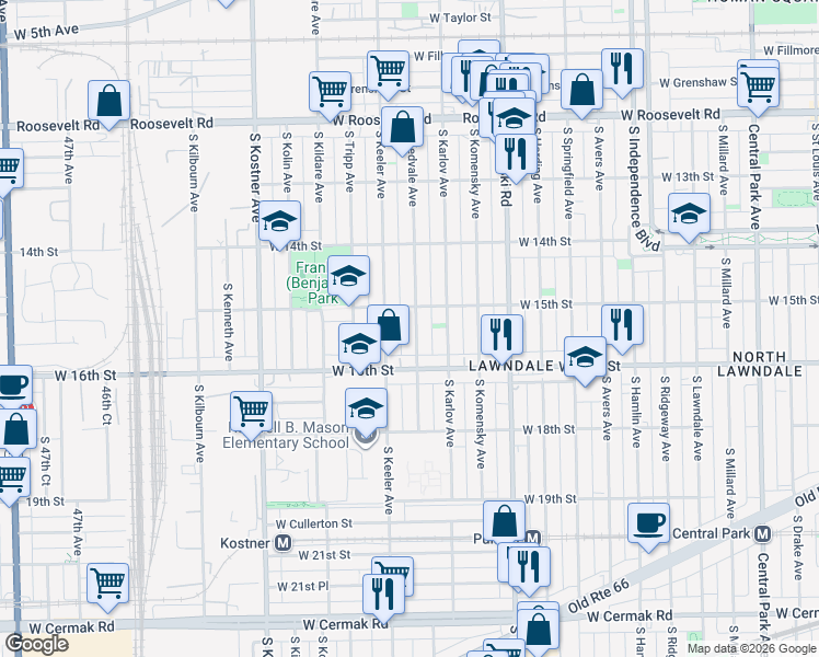 map of restaurants, bars, coffee shops, grocery stores, and more near 1504 South Kedvale Avenue in Chicago