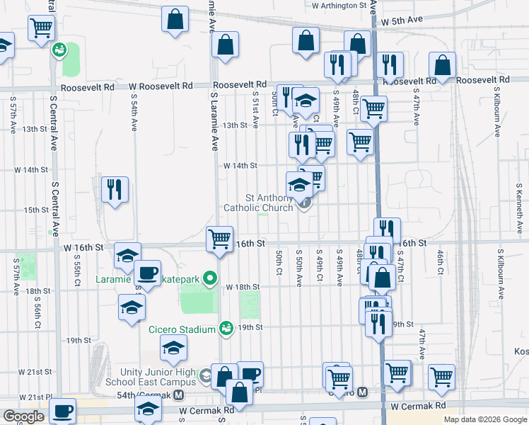 map of restaurants, bars, coffee shops, grocery stores, and more near 1445 South 51st Avenue in Chicago