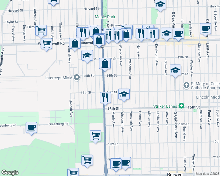 map of restaurants, bars, coffee shops, grocery stores, and more near 1427 Maple Avenue in Berwyn