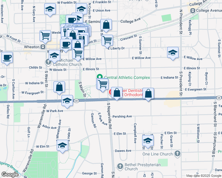 map of restaurants, bars, coffee shops, grocery stores, and more near 519 South Naperville Road in Wheaton
