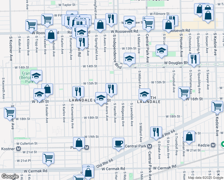 map of restaurants, bars, coffee shops, grocery stores, and more near 1507 South Hamlin Avenue in Chicago