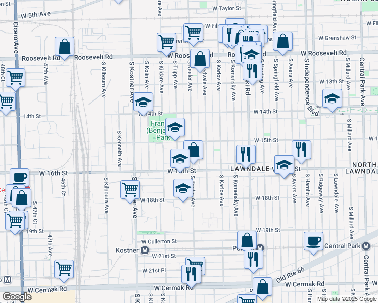 map of restaurants, bars, coffee shops, grocery stores, and more near 1518 South Keeler Avenue in Chicago