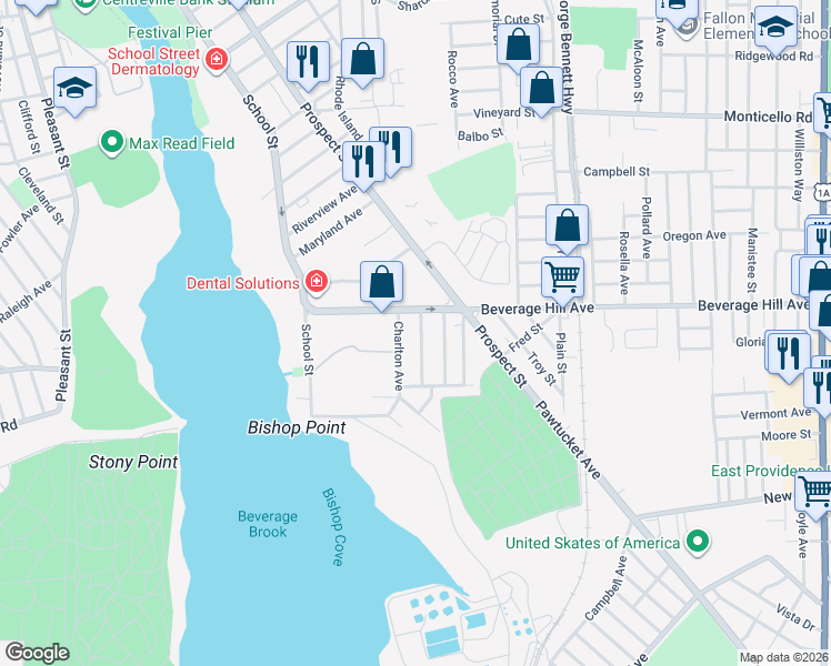 map of restaurants, bars, coffee shops, grocery stores, and more near 101 Beverage Hill Avenue in Pawtucket