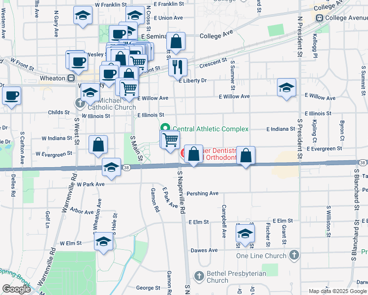 map of restaurants, bars, coffee shops, grocery stores, and more near 519 South Naperville Road in Wheaton