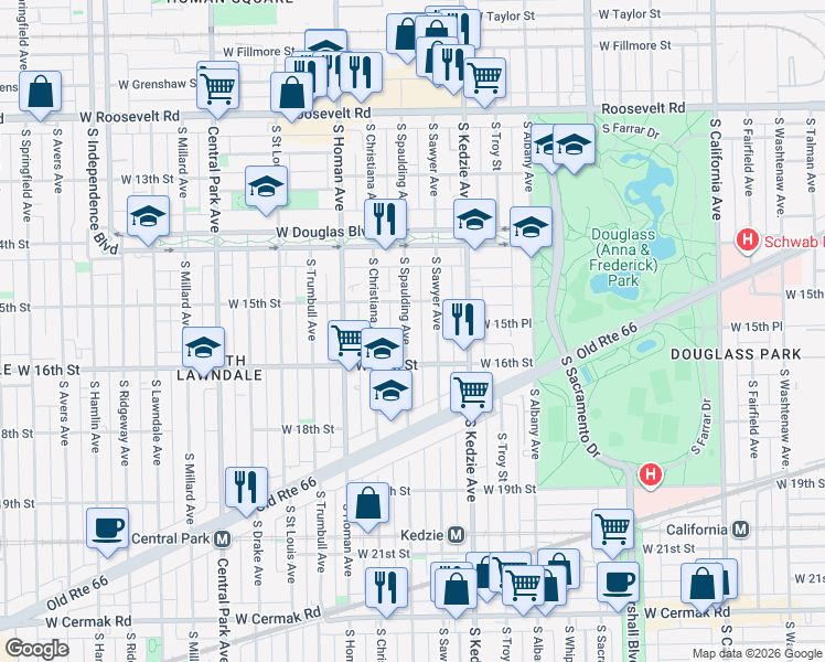 map of restaurants, bars, coffee shops, grocery stores, and more near 1529 South Spaulding Avenue in Chicago