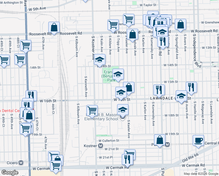 map of restaurants, bars, coffee shops, grocery stores, and more near 1516 South Kildare Avenue in Chicago