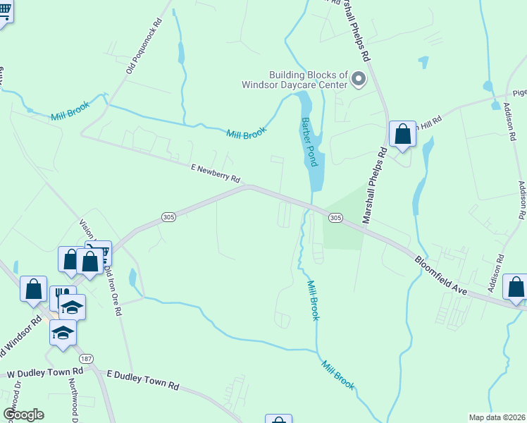 map of restaurants, bars, coffee shops, grocery stores, and more near 83 Old Windsor Road in Bloomfield