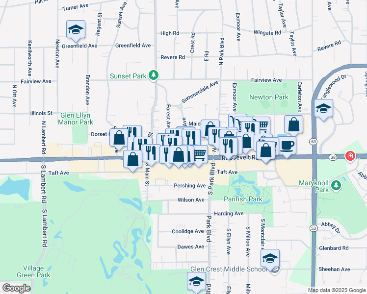 map of restaurants, bars, coffee shops, grocery stores, and more near 20 North Parkside Avenue in Glen Ellyn