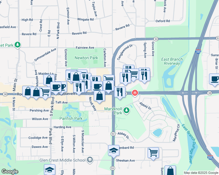 map of restaurants, bars, coffee shops, grocery stores, and more near 800 Highway 53 in Glen Ellyn