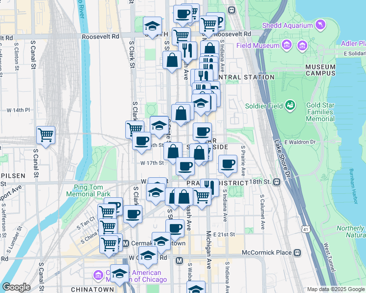 map of restaurants, bars, coffee shops, grocery stores, and more near 50 East 16th Street in Chicago