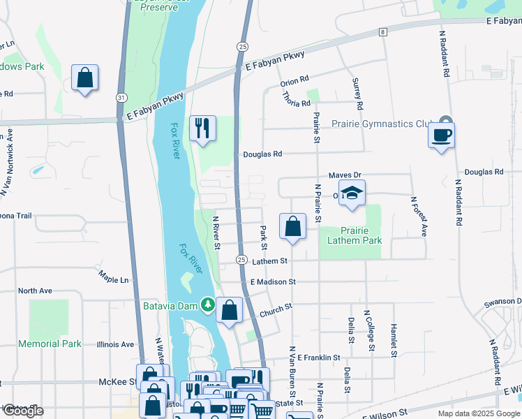 map of restaurants, bars, coffee shops, grocery stores, and more near 917 Park Street in Batavia