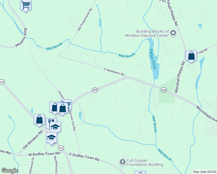 map of restaurants, bars, coffee shops, grocery stores, and more near 67 Old Windsor Road in Bloomfield