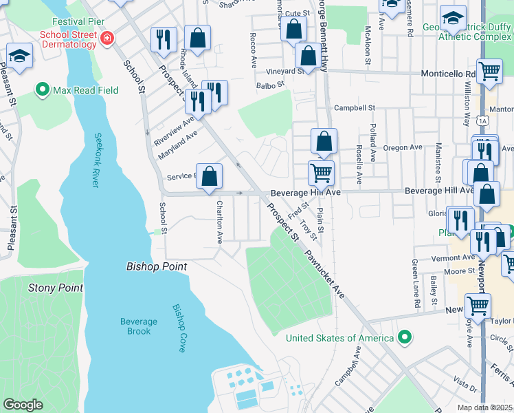 map of restaurants, bars, coffee shops, grocery stores, and more near 137 Beverage Hill Avenue in Pawtucket