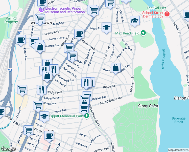 map of restaurants, bars, coffee shops, grocery stores, and more near 641 East Avenue in Pawtucket