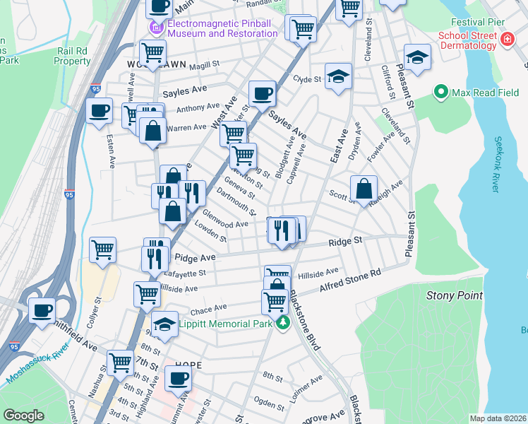 map of restaurants, bars, coffee shops, grocery stores, and more near 5 Geneva Street in Pawtucket