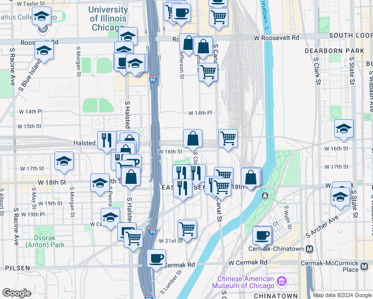 map of restaurants, bars, coffee shops, grocery stores, and more near 576 West 16th Street in Chicago