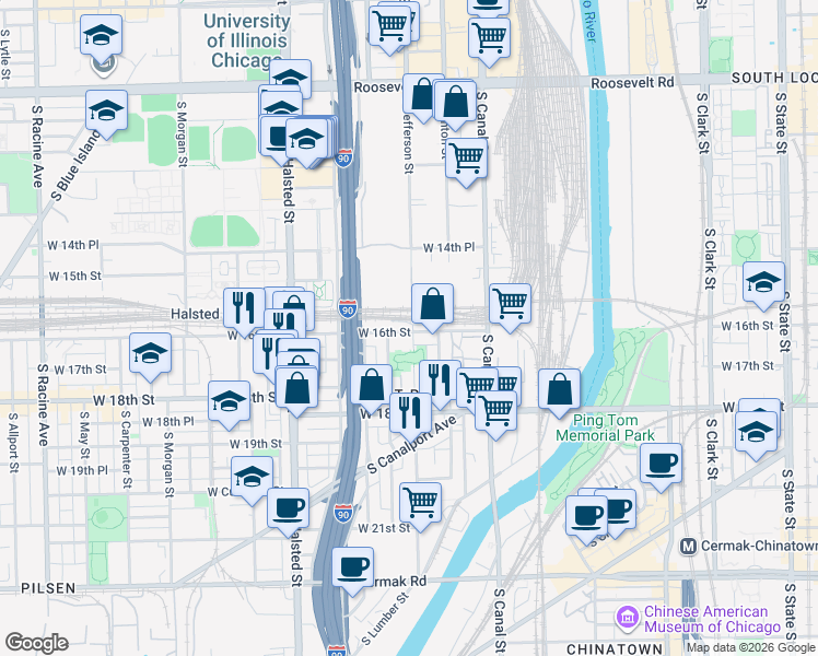map of restaurants, bars, coffee shops, grocery stores, and more near 576 West 16th Street in Chicago