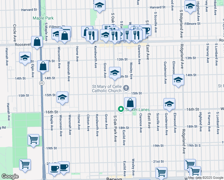 map of restaurants, bars, coffee shops, grocery stores, and more near 1431 Oak Park Avenue in Berwyn