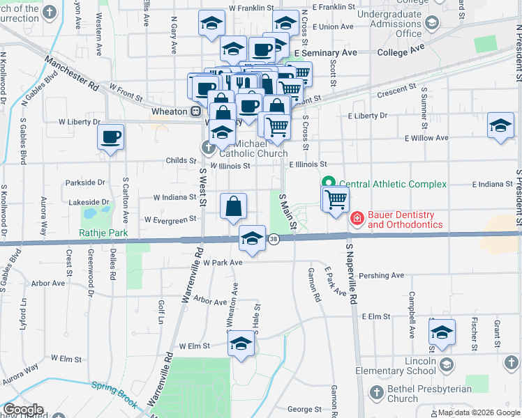 map of restaurants, bars, coffee shops, grocery stores, and more near 512 South Hale Street in Wheaton