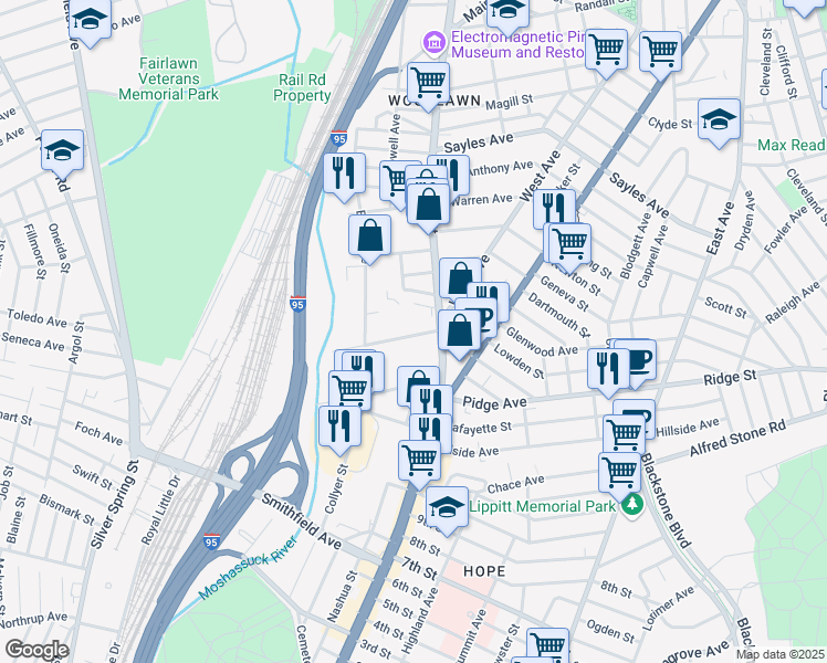 map of restaurants, bars, coffee shops, grocery stores, and more near 55 Moshassuck Street in Pawtucket
